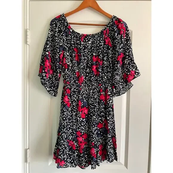 Gap NWT Dress Off Shoulder Floral Ruffle Hem Short Navy White Red Size S - Picture 2 of 4